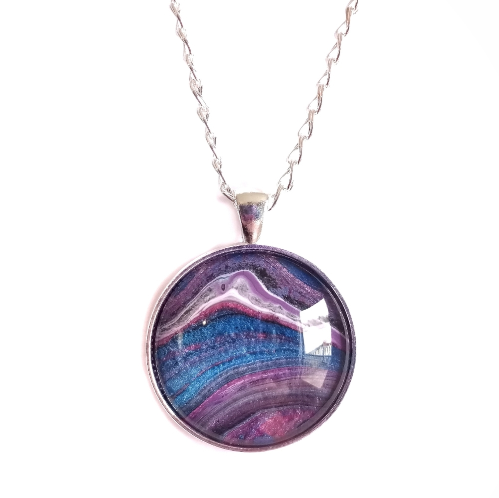 Purple blue acrylic paint pour round pendant on 20" silver necklace handmade new